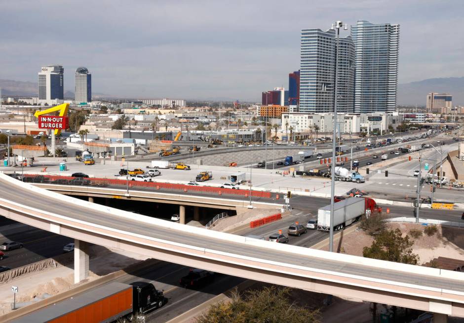 Construction is underway on the I-15/Tropicana Interchange, on Friday, Jan. 19, 2024, in Las Ve ...