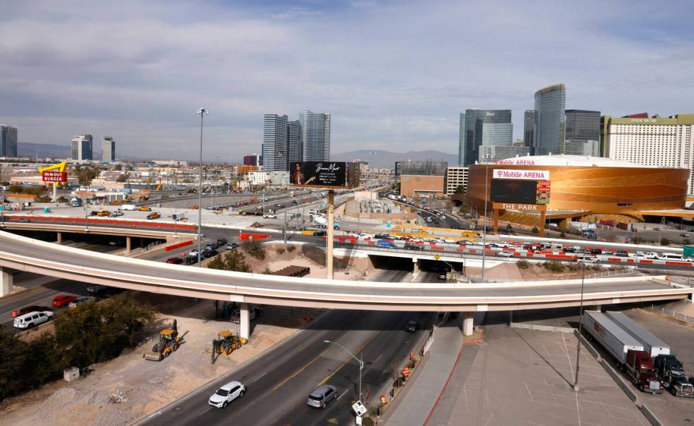 Construction is underway on the I-15/Tropicana Interchange, on Friday, Jan. 19, 2024, in Las Ve ...