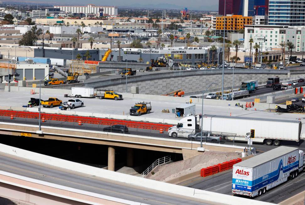 Construction is underway on the I-15/Tropicana Interchange, on Friday, Jan. 19, 2024, in Las Ve ...