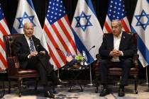 President Joe Biden, left, listens to Israel's Prime Minister Benjamin Netanyahu as he joins a ...