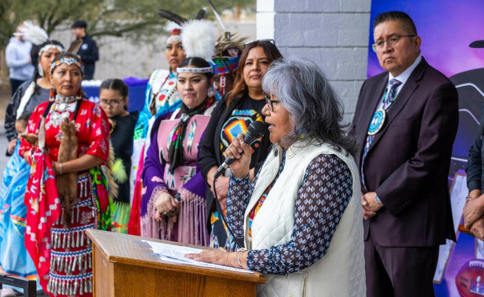 Moapa Band of Paiutes Chairwoman Janet Myers speaks during a Super Bowl "Green Week" ...