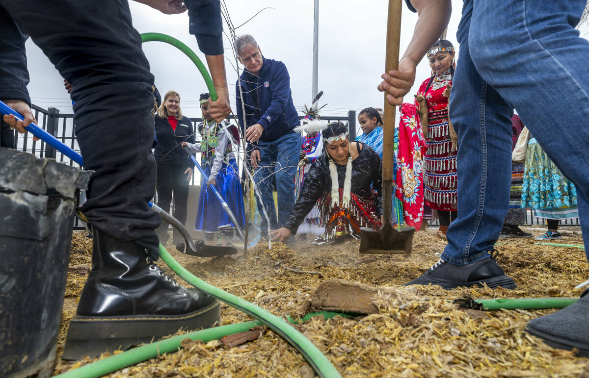 Attendees plant a ceremonial tree during the first of Super Bowl "Green Week" events ...