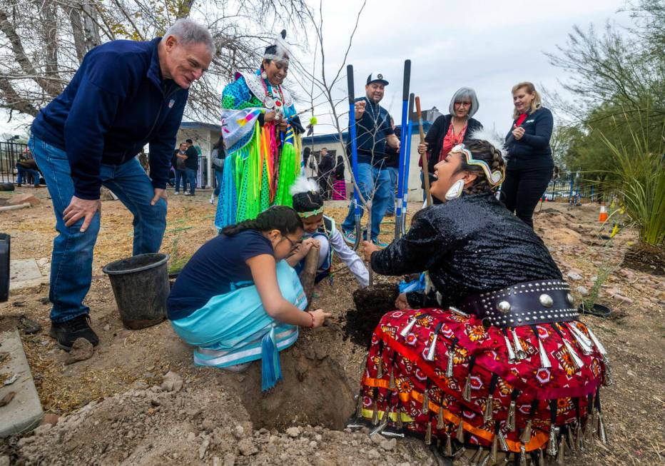 Attendees plant a ceremonial tree during the first of Super Bowl "Green Week" events ...