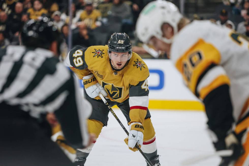 Golden Knights center Ivan Barbashev (49) waits for the puck to drop during a game against the ...