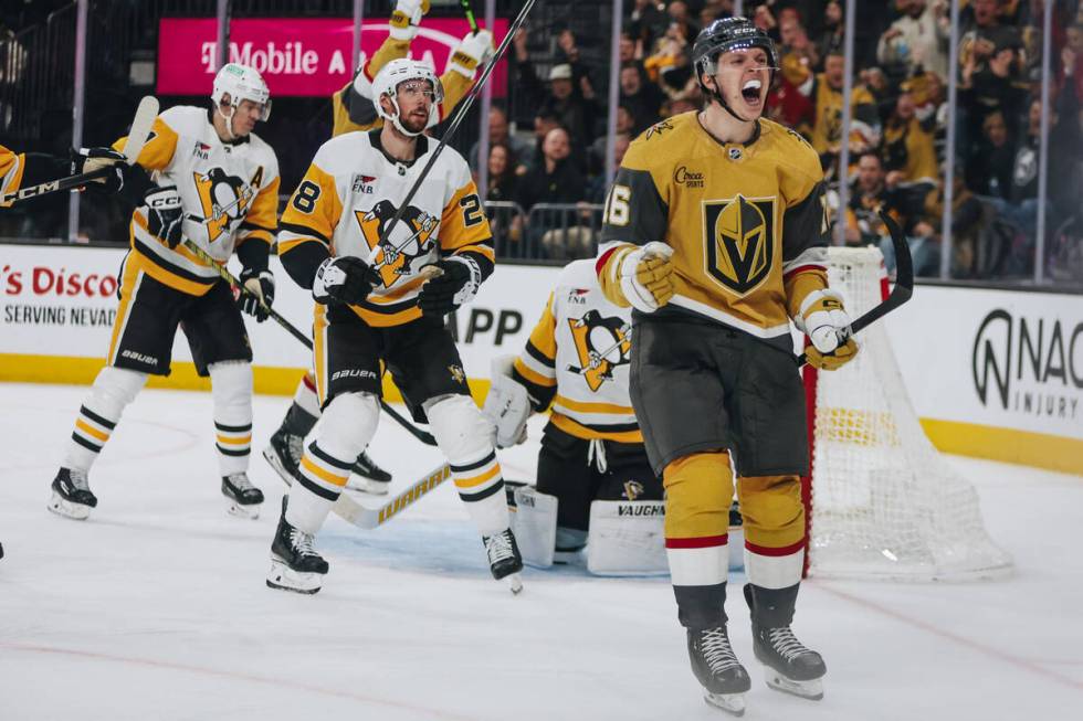 Golden Knights left wing Pavel Dorofeyev (16) celebrates a goal during a game against the Pitts ...