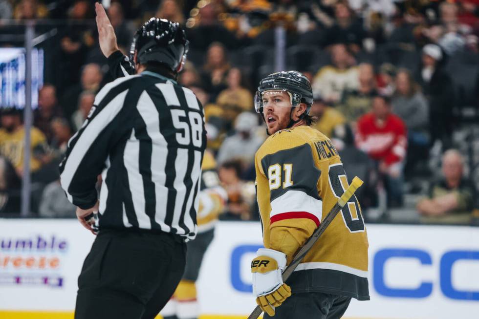 Golden Knights right wing Jonathan Marchessault (81) listens to a referee during a game against ...