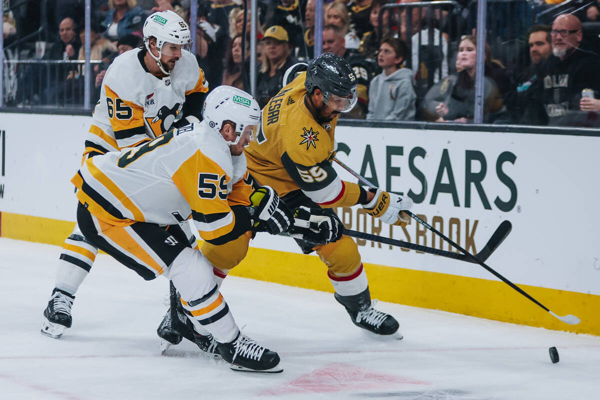 Golden Knights right wing Keegan Kolesar (55) skates after the puck during a game against the P ...