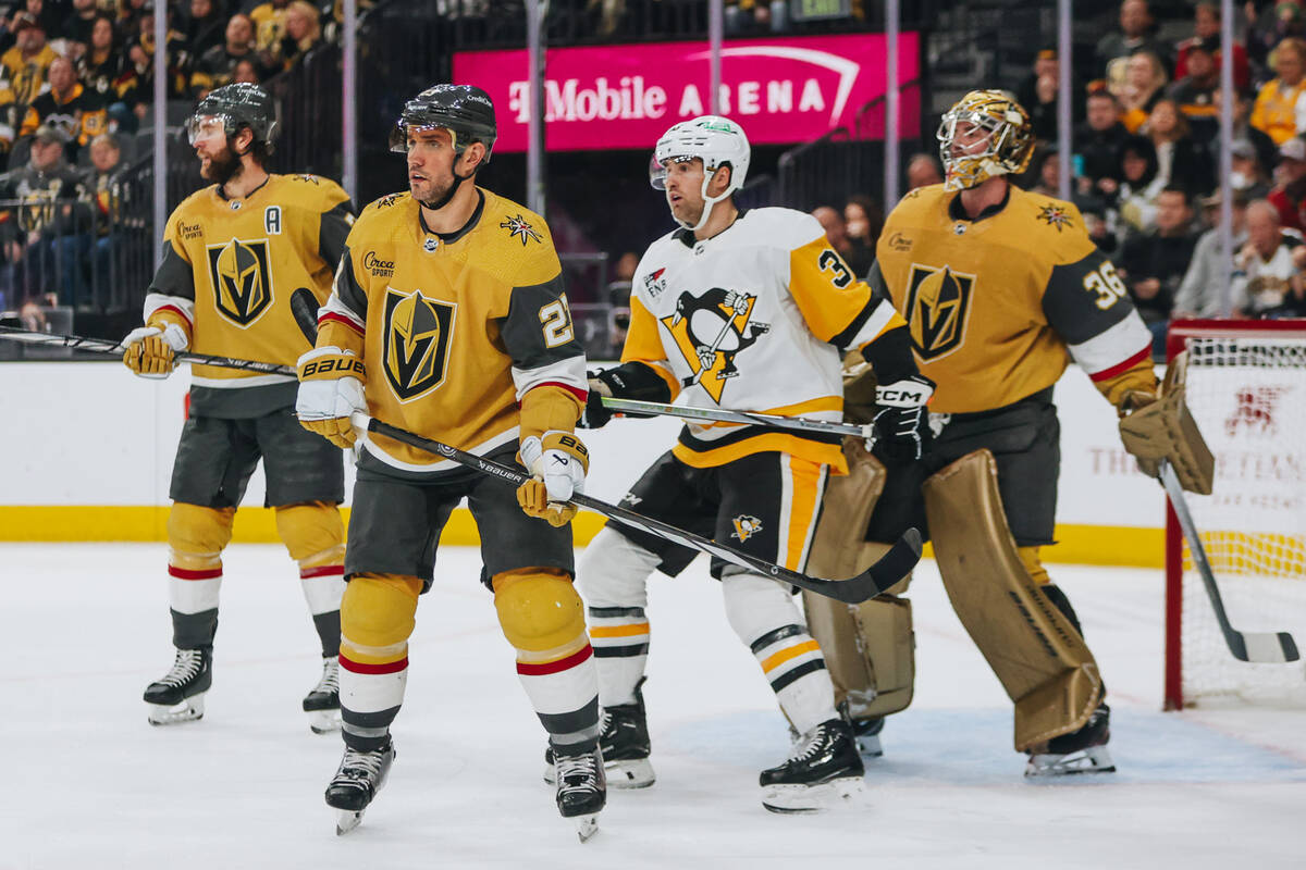 Golden Knights defenseman Alec Martinez (23) watches action during a game against the Pittsburg ...