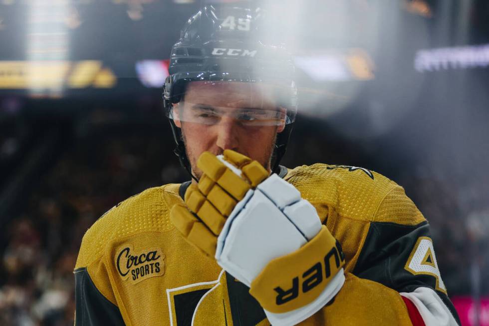 Golden Knights center Ivan Barbashev (49) reacts after a close save by Golden Knights goaltende ...