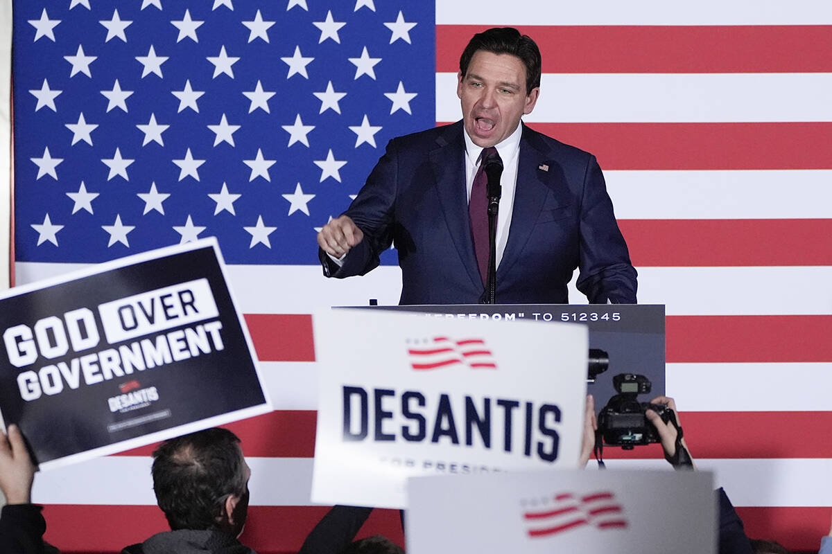 FILE - Republican presidential candidate Florida Gov. Ron DeSantis speaks to supporters during ...