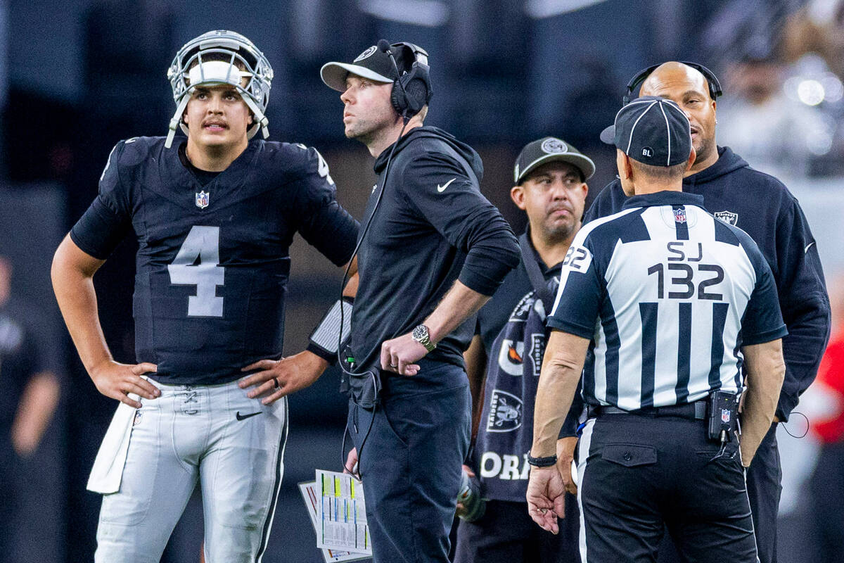 Raiders quarterback Aidan O'Connell (4) stands with Offensive Coordinator Bo Hardegree on the f ...
