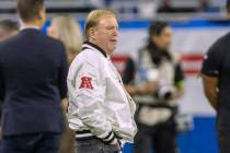 Raiders owner Mark Davis watches team warm ups. (Heidi Fang/Las Vegas Review-Journal) @HeidiFang