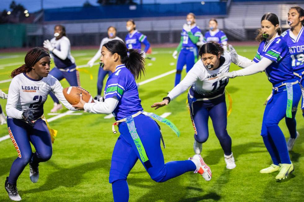 Legacy’s Samiyah Washington (2) looks to block Green Valley’s Dianna Rincan (1) d ...