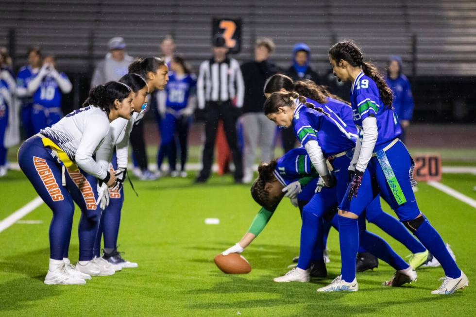 Legacy and Green Valley girls line up during a flag football game between Green Valley and Lega ...