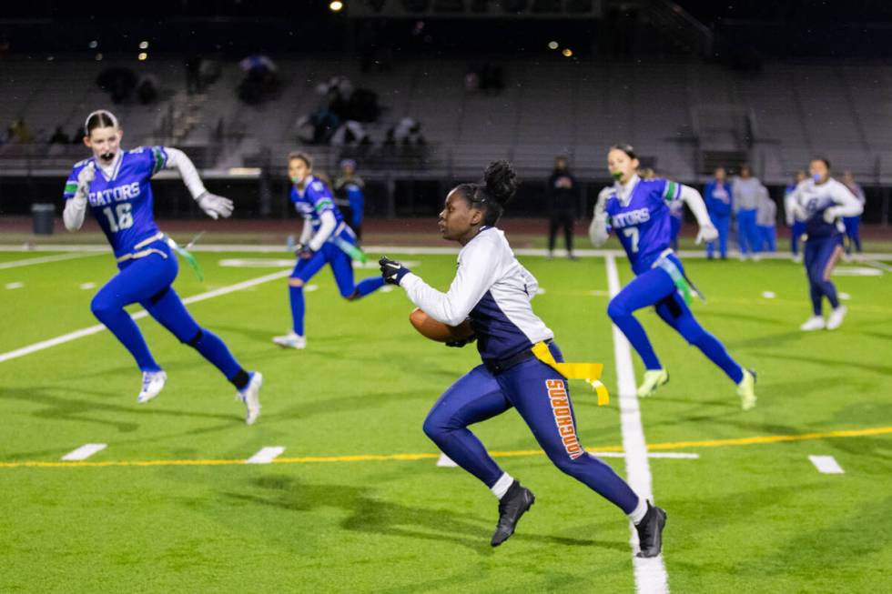 Legacy’s Mailaya Taylor (3) runs down the field during a flag football game between Gree ...