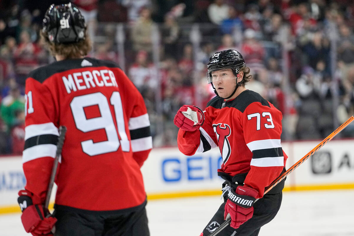 New Jersey Devils right wing Tyler Toffoli (73) reacts after scoring against the Vegas Golden K ...