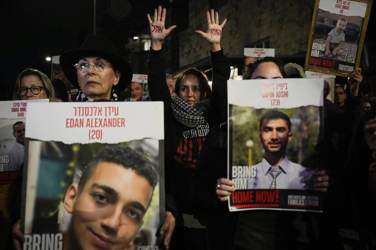 Relatives and supporters of the Israeli hostages held in the Gaza Strip by the Hamas militant g ...