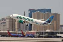 A Frontier Airlines flight departs Harry Reid International Airport in Las Vegas, June 26, 2019 ...