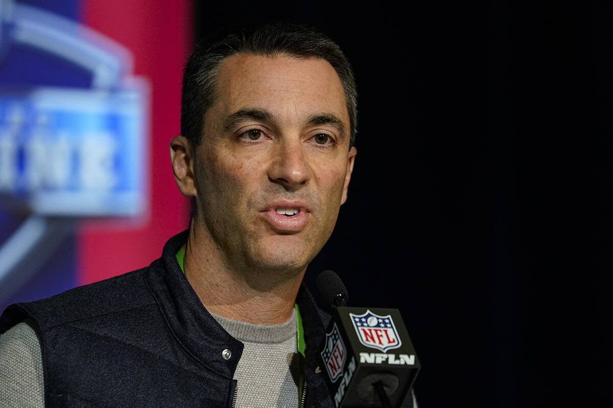 Los Angeles Chargers general manager Tom Telesco speaks during a press conference at the NFL fo ...