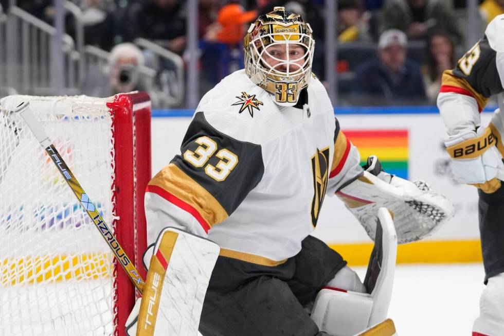 Vegas Golden Knights goaltender Adin Hill protects the net during the second period of the team ...