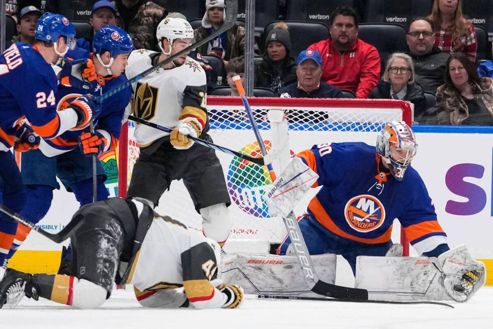 New York Islanders goaltender Ilya Sorokin (30) stops a shot during the second period of the te ...