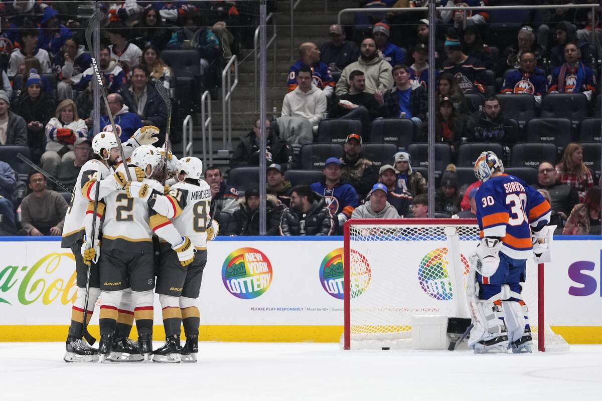 New York Islanders goaltender Ilya Sorokin (30) pauses as the Vegas Golden Knights celebrate a ...