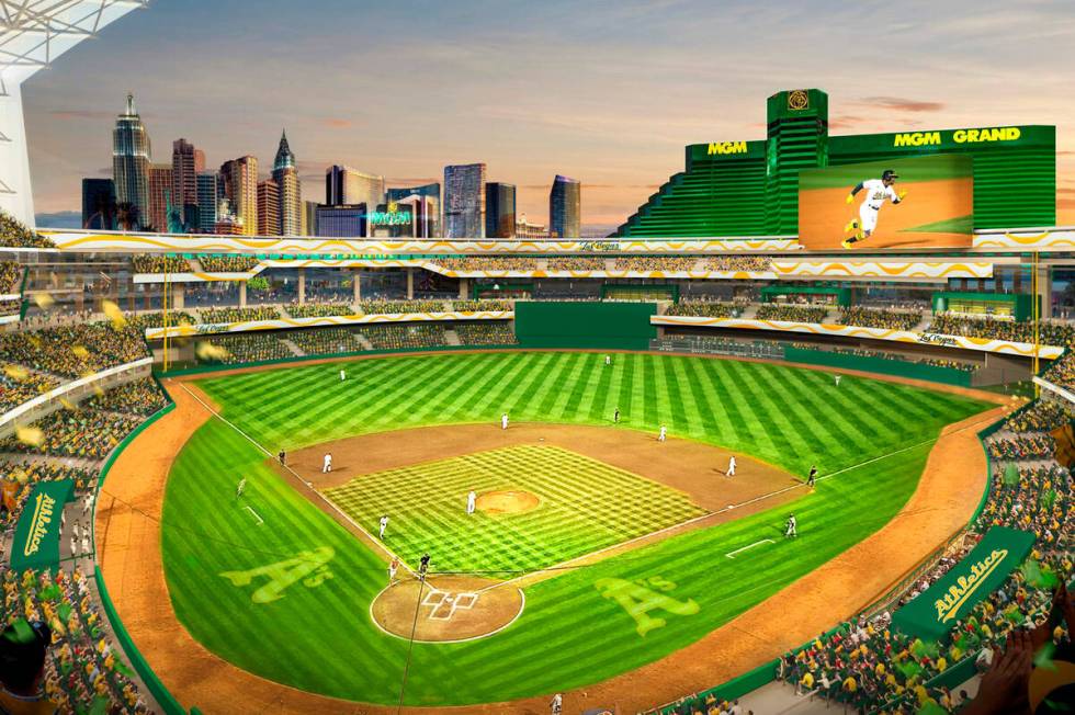 In this conceptual rendering released by the Oakland Athletics, Friday, May 26, 2023, is a view ...