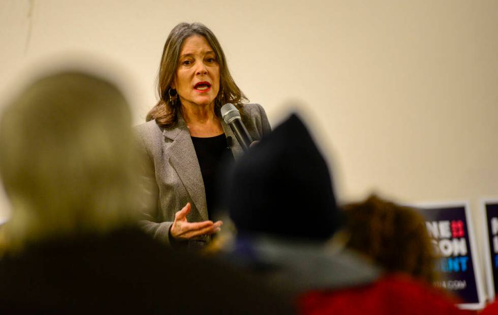 Democratic presidential hopeful Marianne Williamson speaks a campaign stop at the Keene Public ...