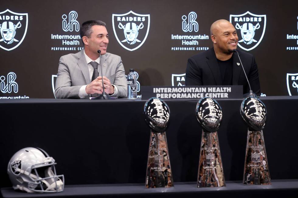 Tom Telesco, left, and Antonio Pierce are introduced as coach and general manager at Raiders he ...