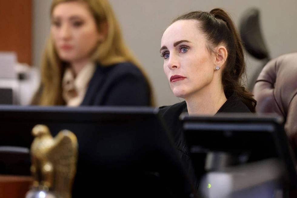 Clark County District Court Judge Jacqueline Bluth listens to arguments during a court hearing ...