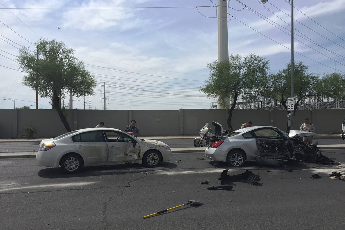 Las Vegas police investigate a crash on Sahara Avenue at Sloan Lane in March 2015. (Chase Steve ...