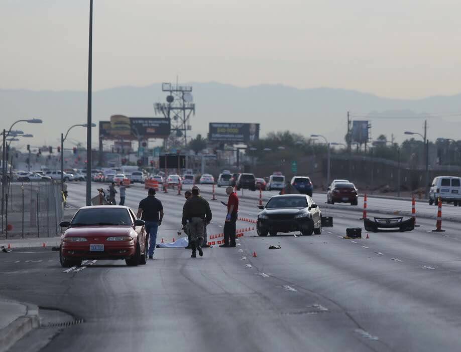 Las Vegas police investigate a fatal accident on Tropicana Avenue at Koval Lane in March 2016. ...