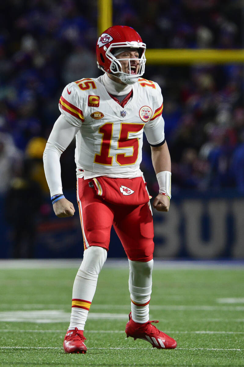 Kansas City Chiefs quarterback Patrick Mahomes (15) reacts during the second half of an NFL AFC ...