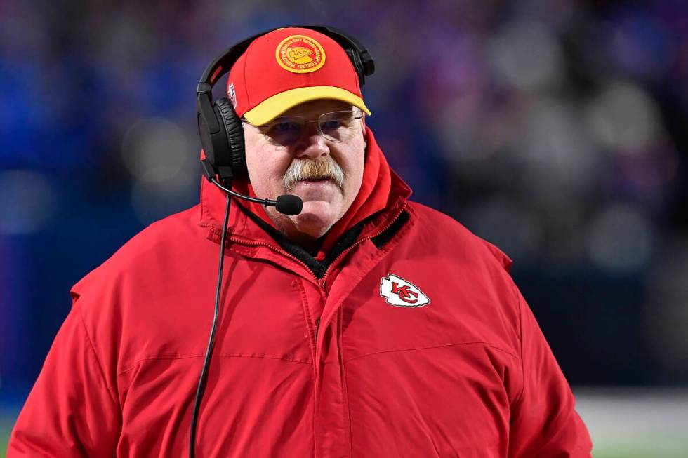 Kansas City Chiefs head coach Andy Reid watches play during the first half of an NFL AFC divisi ...