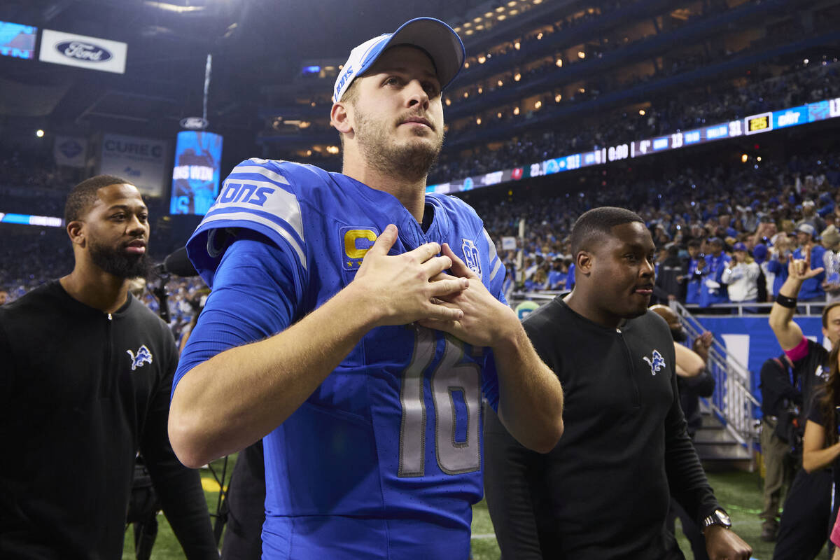 FILE - Detroit Lions quarterback Jared Goff (16) celebrates after defeating the Tampa Bay Bucca ...