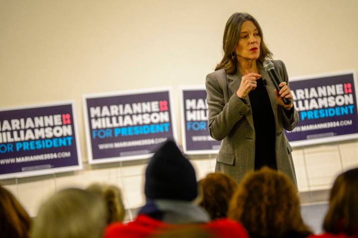 Democratic presidential hopeful Marianne Williamson speaks a campaign stop at the Keene Public ...