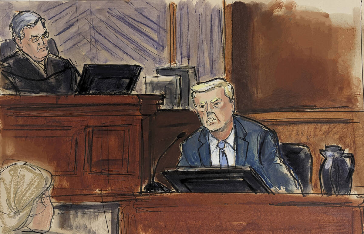 In this courtroom sketch, Thursday, Jan. 25, 2024, Donald Trump, testifies in Federal Court, as ...