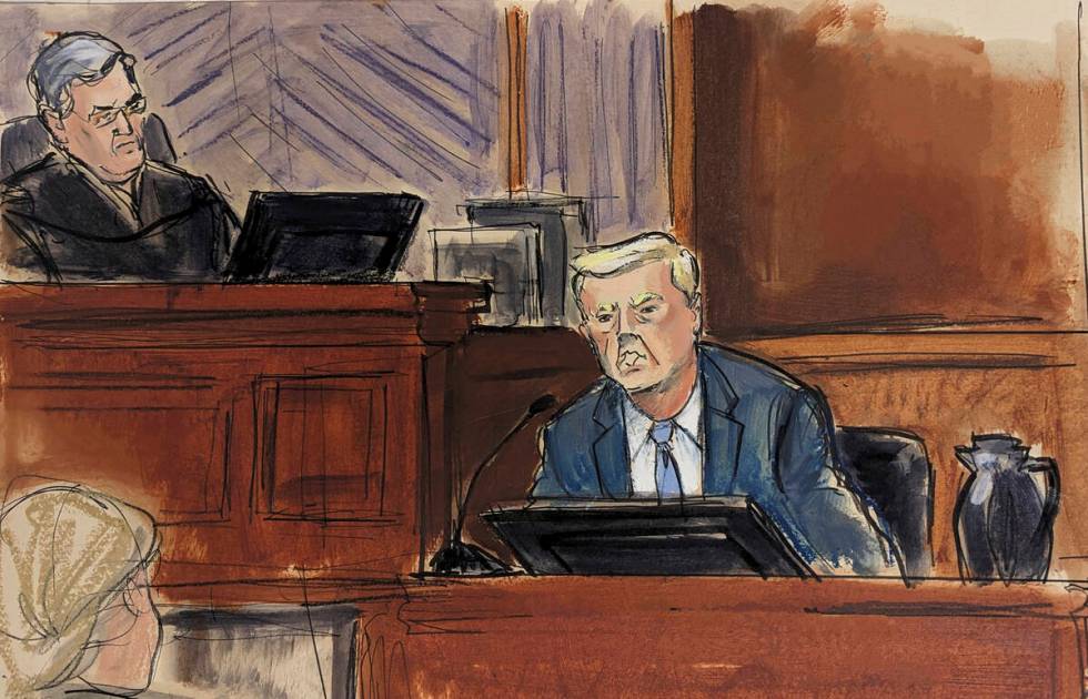 In this courtroom sketch, Thursday, Jan. 25, 2024, Donald Trump, testifies in Federal Court, as ...