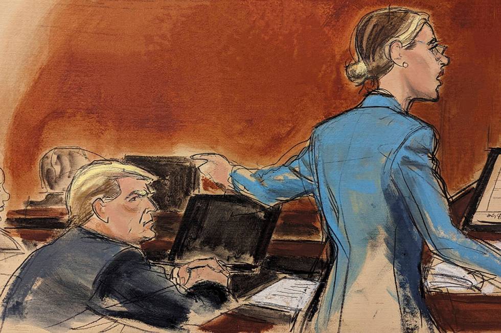 In this courtroom sketch, attorney Alina Habba points to her client, former President Donald Tr ...