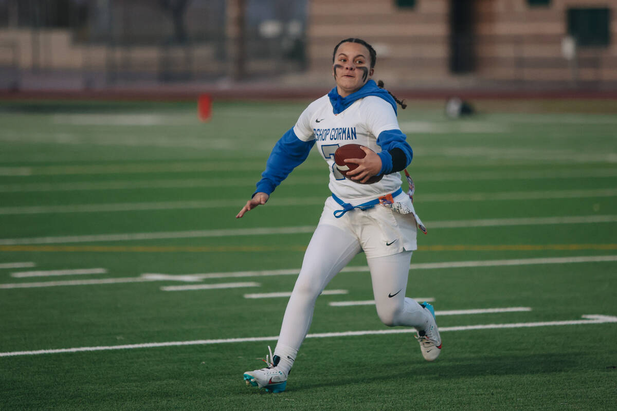 Bishop Gorman quarterback Avery Reed (7) makes a run with the ball during a flag football game ...