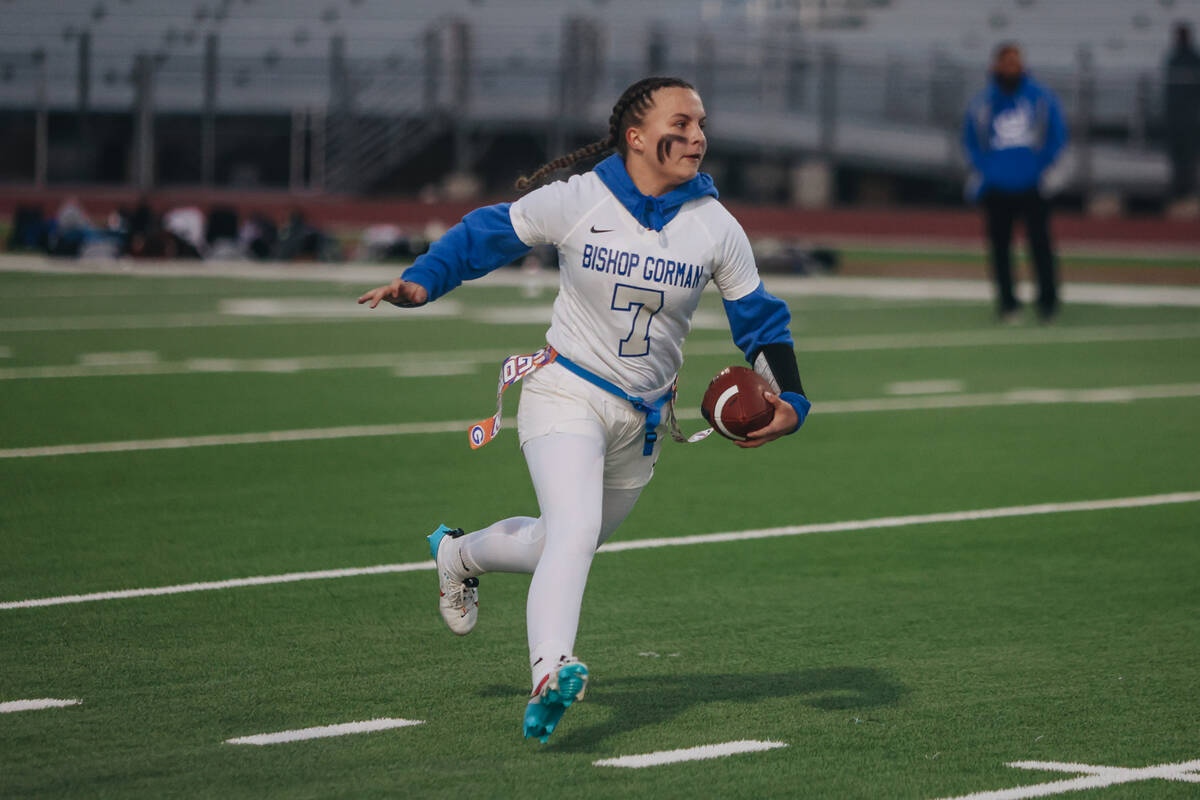 Bishop Gorman quarterback Avery Reed (7) makes a run with the ball during a flag football game ...