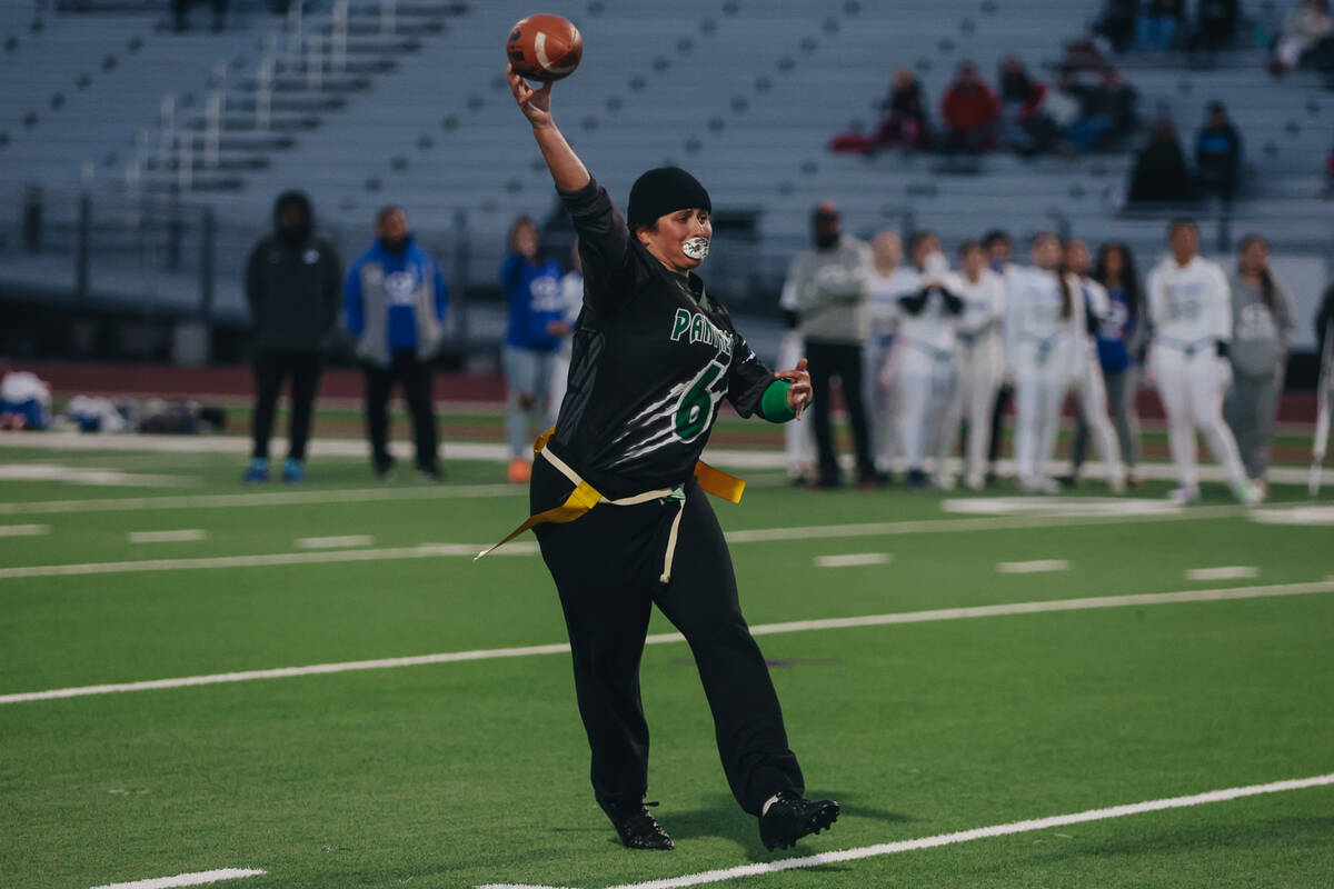 Palo Verde quarterback Jordan Katz throws the ball to a teammate during a flag football game ag ...