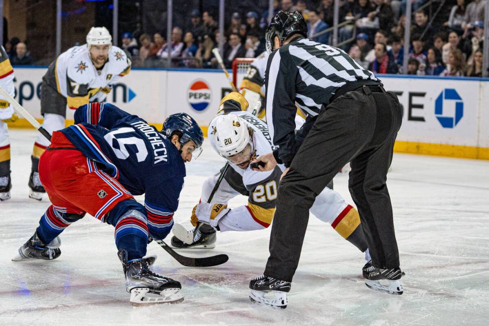 New York Rangers defenseman Jacob Trouba (8) shoots against the Vegas Golden Knights during the ...