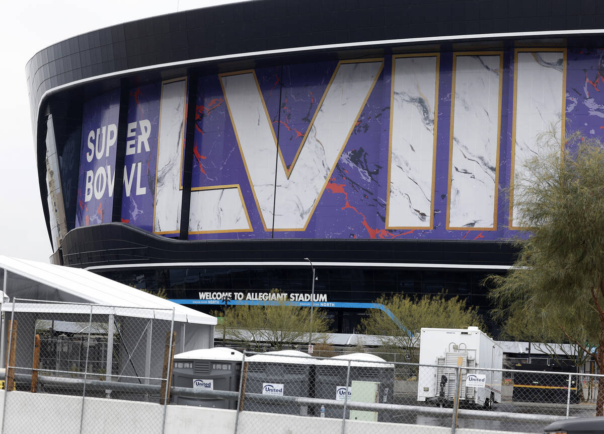 Allegiant Stadium is seen dressed up for the Super Bowl, on Monday, Jan. 22, 2024, in Las Vegas ...