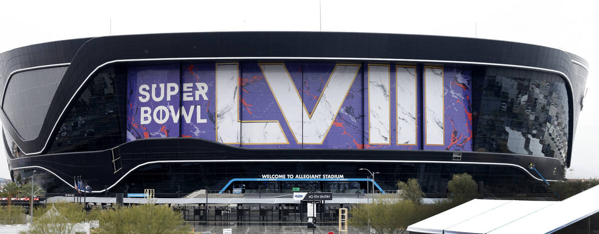 Allegiant Stadium is seen dressed up for the Super Bowl, on Monday, Jan. 22, 2024, in Las Vegas ...