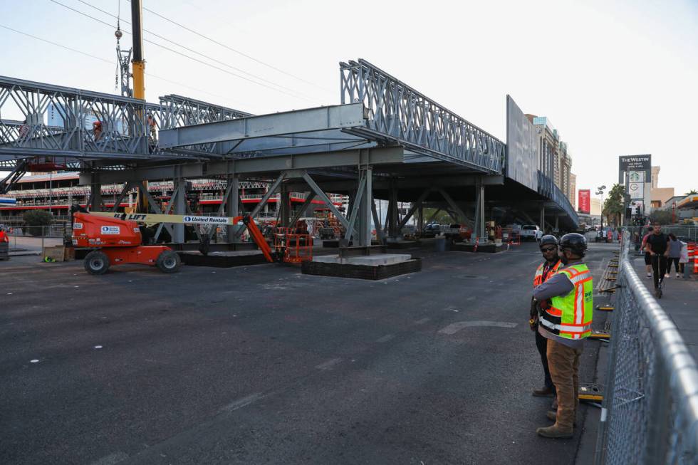 A bridge for the Formula 1 Las Vegas Grand Prix is under construction at the intersection of Fl ...