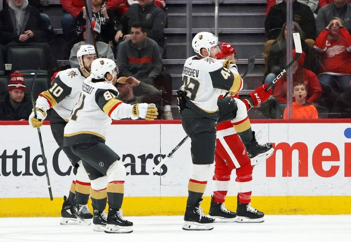 Vegas Golden Knights center Ivan Barbashev, front right, celebrates after his goal with right w ...