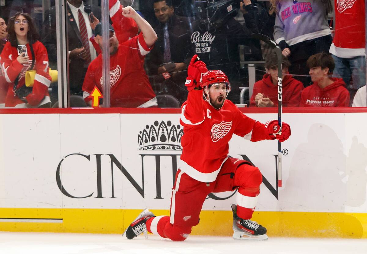 Detroit Red Wings center Dylan Larkin (71) celebrates after scoring against the Vegas Vegas Gol ...