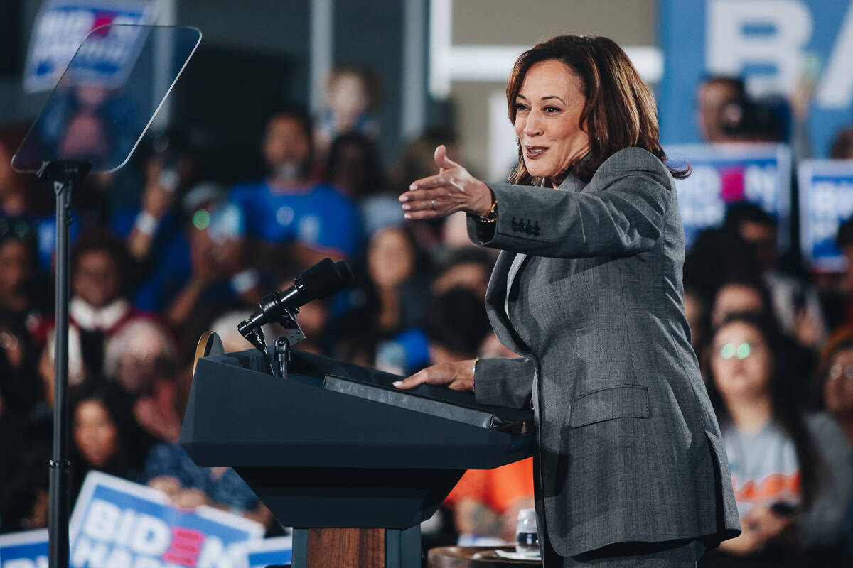 Vice President Kamala Harris speaks to a crowd during a campaign event at IBEW Local 357 on Sat ...