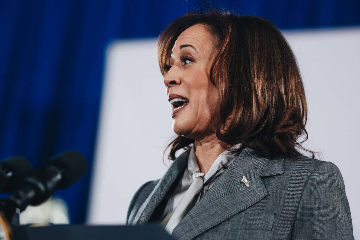 Vice President Kamala Harris speaks to a crowd during a campaign event at IBEW Local 357 on Sat ...